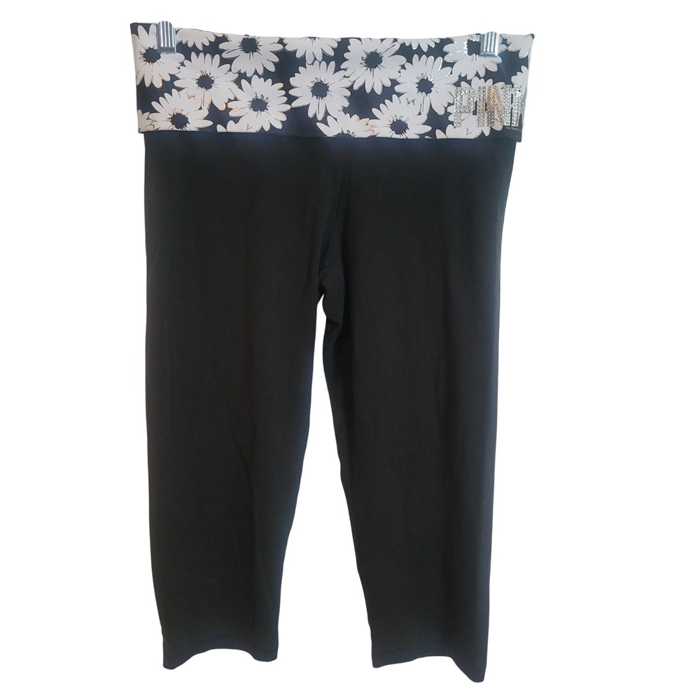 Victoria's Secret PINK Yoga Crop Leggings Black Daisy Rhinestone Logo Medium Y2K